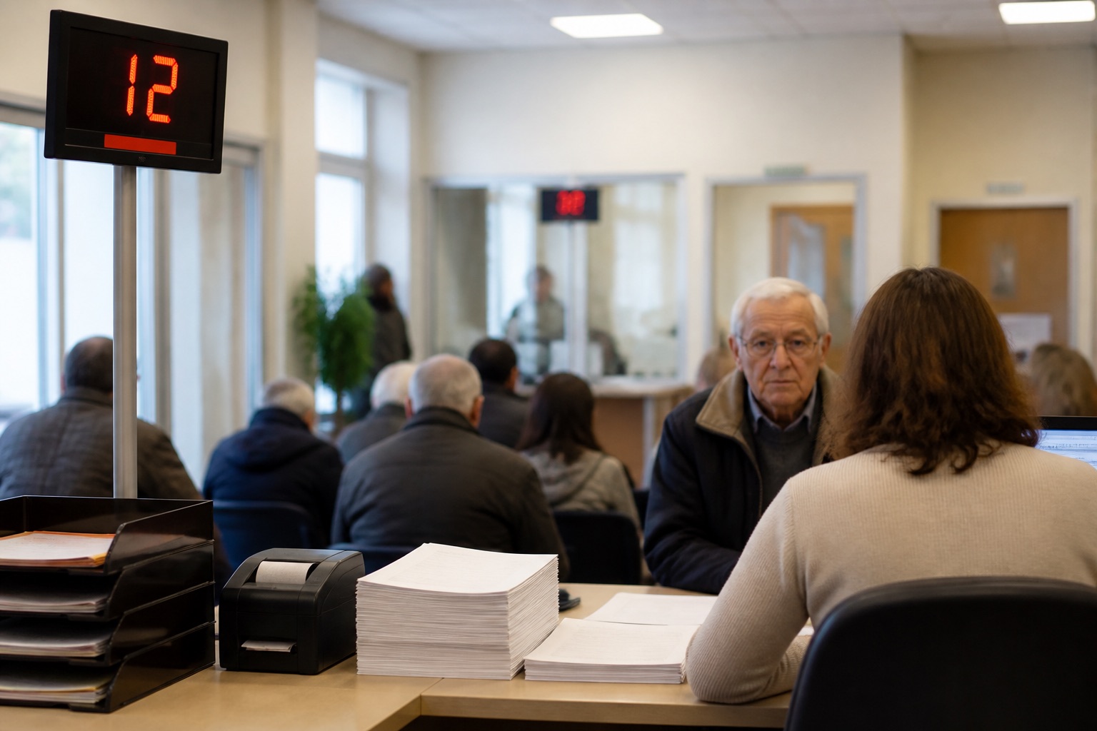 Sala d'attesa di uno sportello CAF italiano con banco assistenza fiscale, display dei numeri e vassoi di pratiche