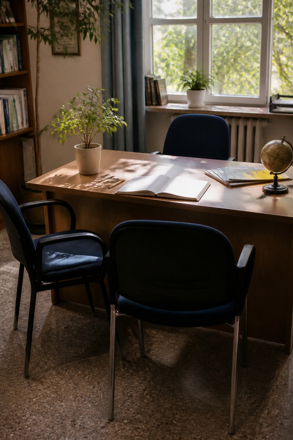 Ufficio di orientamento scolastico con due sedie davanti a una scrivania, quaderno aperto, matita e dépliant a faccia in giù