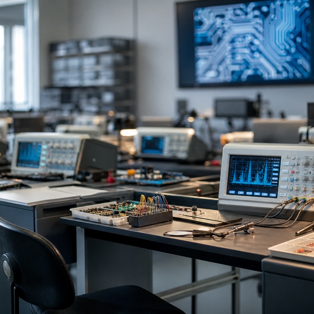 Laboratorio tecnologico di un istituto tecnico superiore con postazioni di elettronica, oscilloscopi e schermi accesi